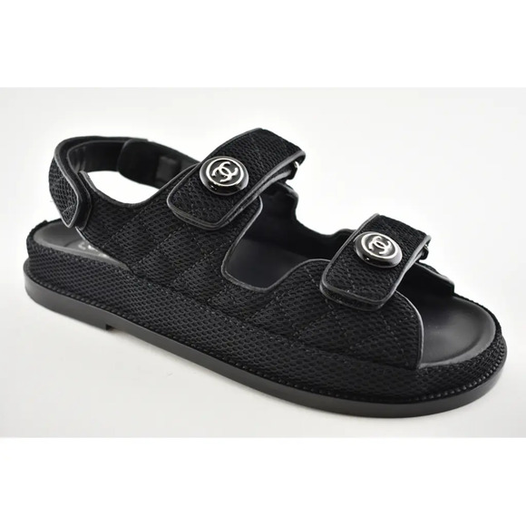 Chanel 21C Black Fabric Silver Logo Mule Slide Strap Flat Teva Dad Sandal 35.5 - Picture 4 of 12